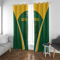 Green and gold South Africa window curtains featuring diagonal stripes and Protea-themed design.