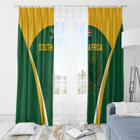Green curtain panels with gold header and diagonal accents; South Africa text with Protea art.