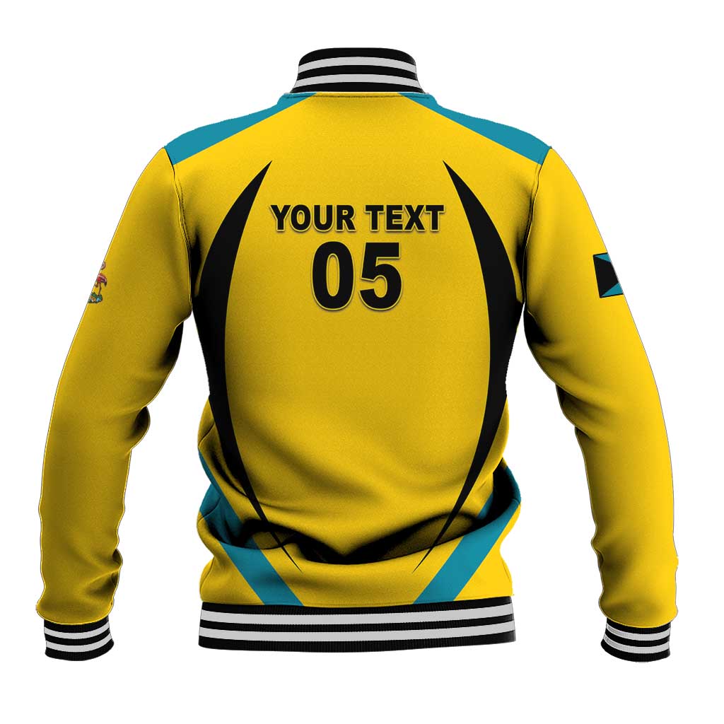 Yellow baseball jacket back shows 05 oval, black and teal swoosh, striped ribbed collar and cuffs