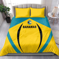 Yellow and teal football bedding set with Bahamas logo on duvet and two matching pillows