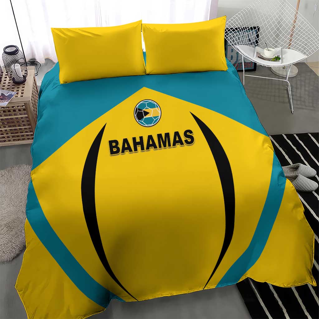 Yellow and teal football bedding set with Bahamas logo on duvet and two yellow pillows