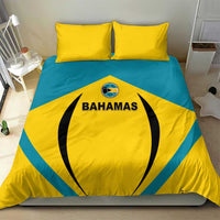 Yellow and teal football bedding set with Bahamas football emblem on duvet and pillows