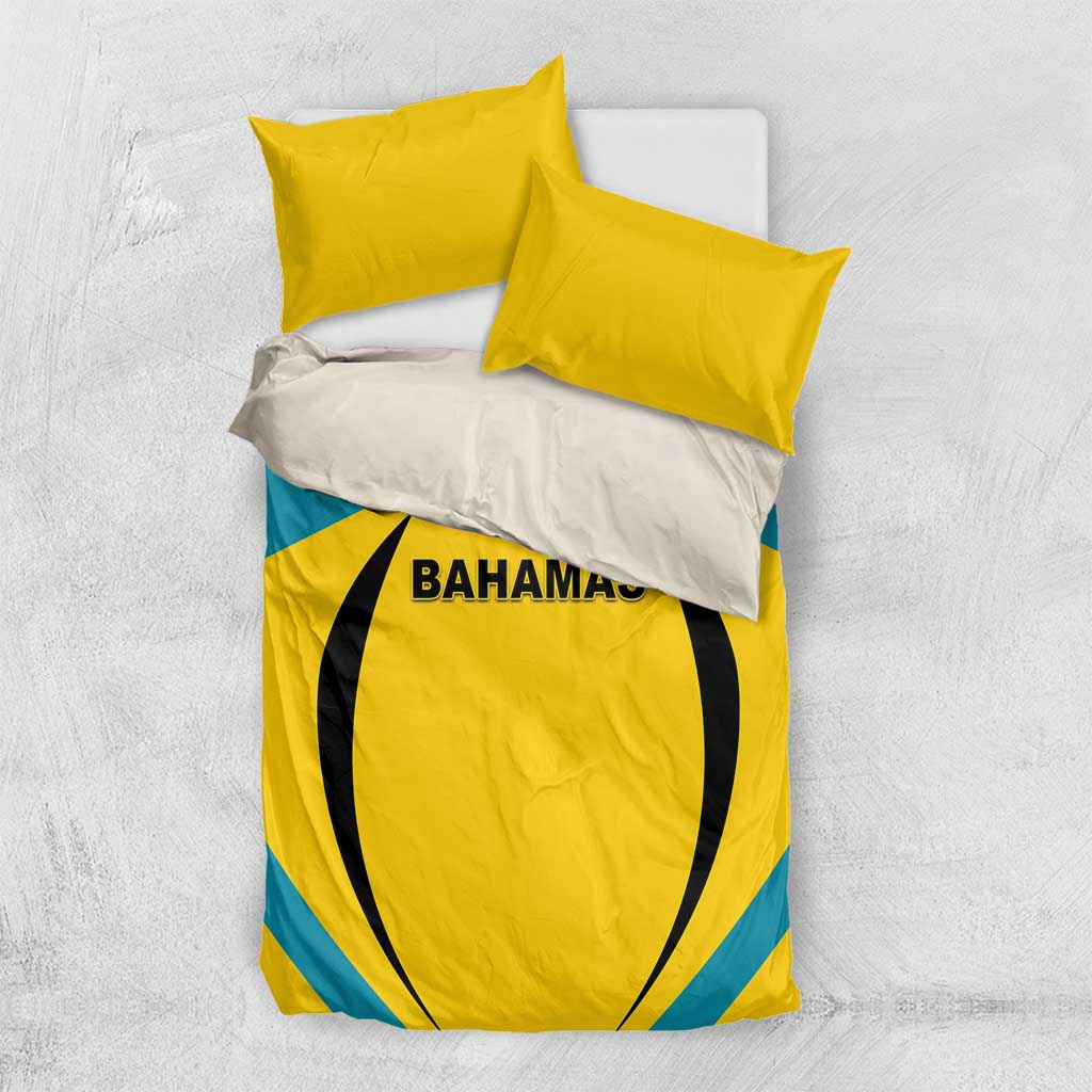 Football bedding set with two yellow pillowcases and duvet with Bahamas graphic