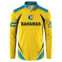 Yellow football button sweatshirt with teal collar, Bahamas text, and crest sleeve