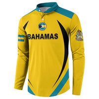 Yellow football button sweatshirt with teal collar, Bahamas text, and surfboard graphic