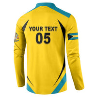 Yellow football button sweatshirt back with YOUR TEXT 05 and surfboard design