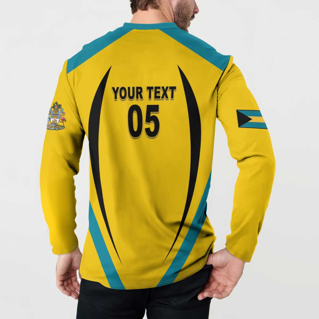Yellow football button sweatshirt back with YOUR TEXT 05, teal sleeve stripes