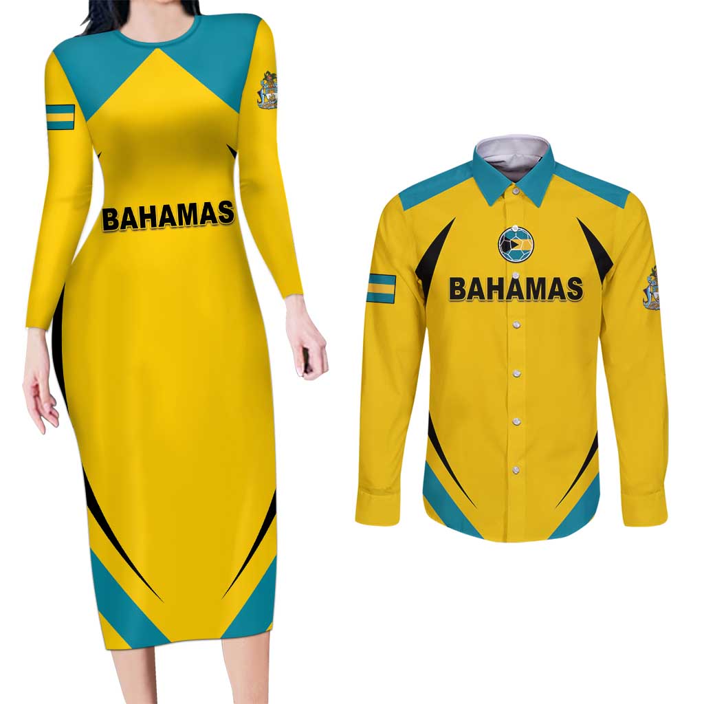 Custom Bahamas Football Couples Matching Long Sleeve Bodycon Dress and Long Sleeve Button Shirt Go Champions Baha Boyz