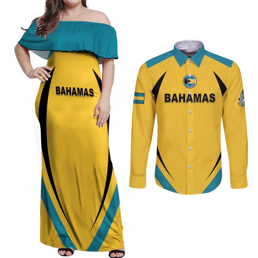 Custom Bahamas Football Couples Matching Off Shoulder Maxi Dress and Long Sleeve Button Shirt Go Champions Baha Boyz