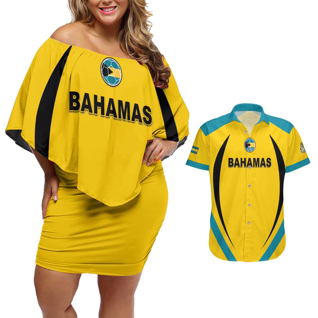 Custom Bahamas Football Couples Matching Off Shoulder Short Dress and Hawaiian Shirt Go Champions Baha Boyz