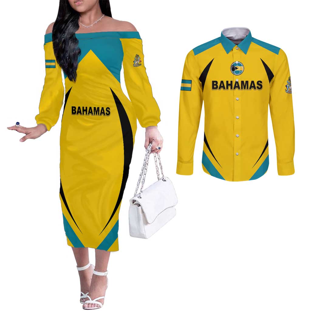 Custom Bahamas Football Couples Matching Off The Shoulder Long Sleeve Dress and Long Sleeve Button Shirt Go Champions Baha Boyz