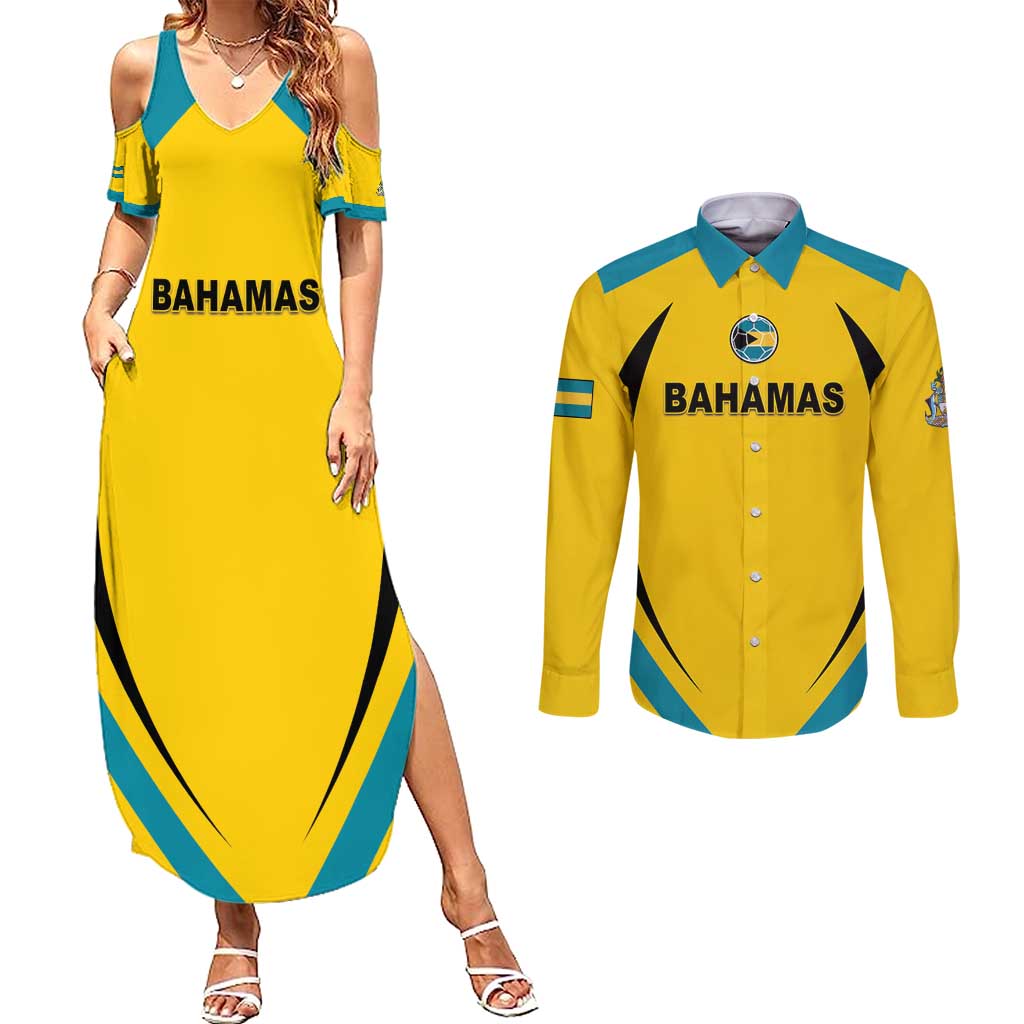 Custom Bahamas Football Couples Matching Summer Maxi Dress and Long Sleeve Button Shirt Go Champions Baha Boyz