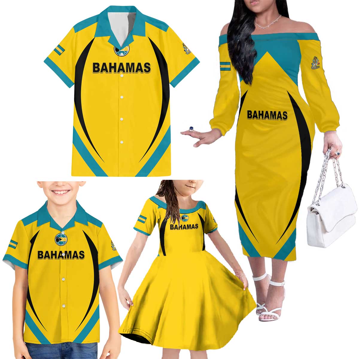 Custom Bahamas Football Family Matching Off The Shoulder Long Sleeve Dress and Hawaiian Shirt Go Champions Baha Boyz