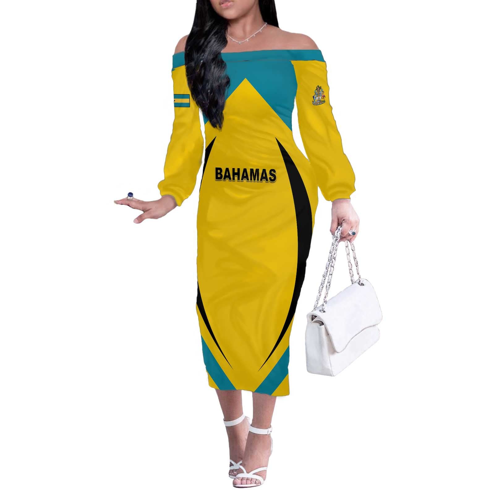 Custom Bahamas Football Off The Shoulder Long Sleeve Dress Go Champions Baha Boyz