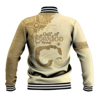 Back view beige varsity jacket with Gulf of Mexico map graphic and striped rib trim