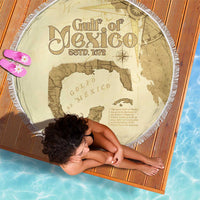 Beige circular beach blanket with white fringe, Gulf of Mexico vintage map graphic
