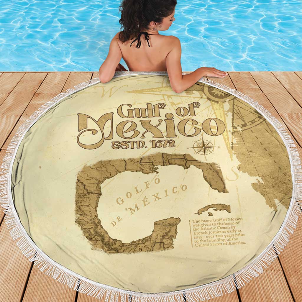 Beige round beach blanket with white fringe, Gulf of Mexico map graphic, centered