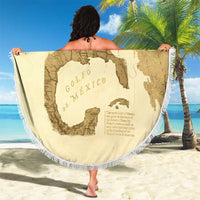 Beige round beach blanket with white fringe, Gulf of Mexico map graphic, held open