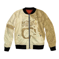 Beige bomber jacket with front zip, ribbed hem, and Gulf of Mexico map graphic
