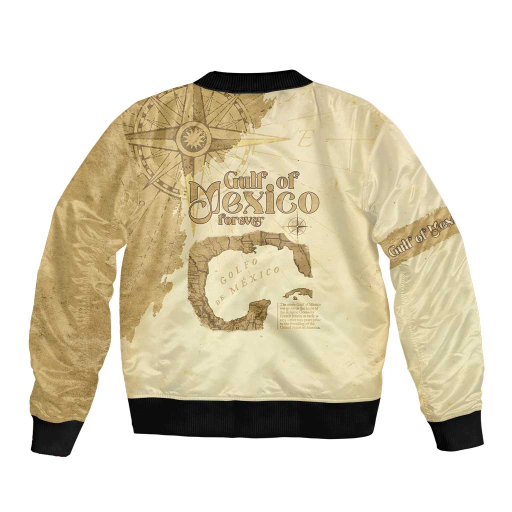 Beige bomber jacket with back print map and compass design, ribbed cuffs and hem