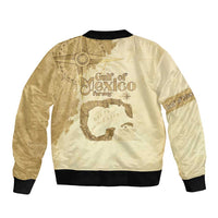 Beige bomber jacket with back print map and compass design, ribbed cuffs and hem