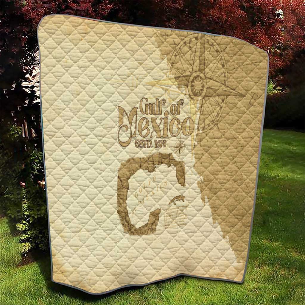 Beige quilt blanket with Gulf of Mexico map design and diamond quilting