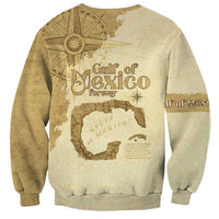 Beige sweatshirt with rear Gulf of Mexico Forever map and compass emblem print