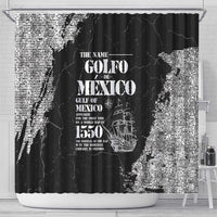 Black shower curtain with centered white map artwork and vintage typography, draped over tub