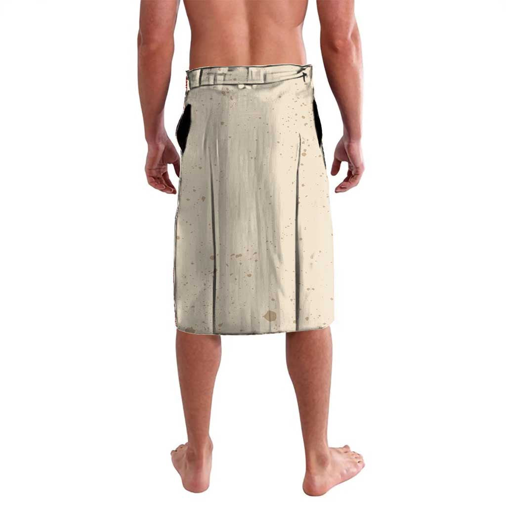 Beige printed lavalava skirt with elastic waistband, front hem facing back