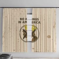 Beige window curtain panel with bold circular patriotic graphic and text design