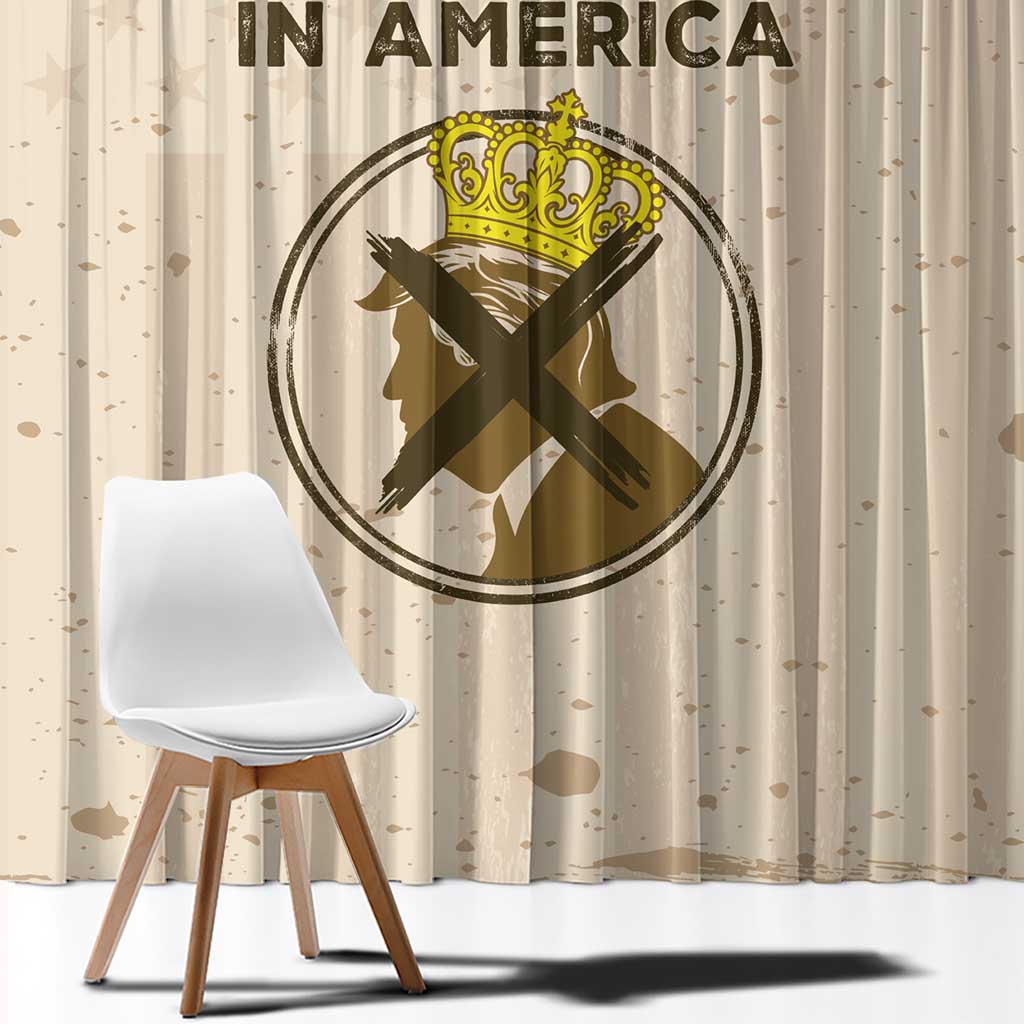 Beige window curtain panel with large circular crown emblem and bold text
