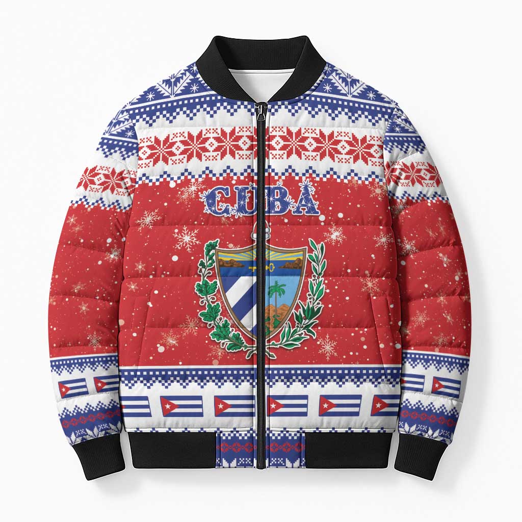 Personalized Cuba Christmas Bomber Puffer Jacket Coat Of Arms Xmas Vibe - Wonder Print Shop