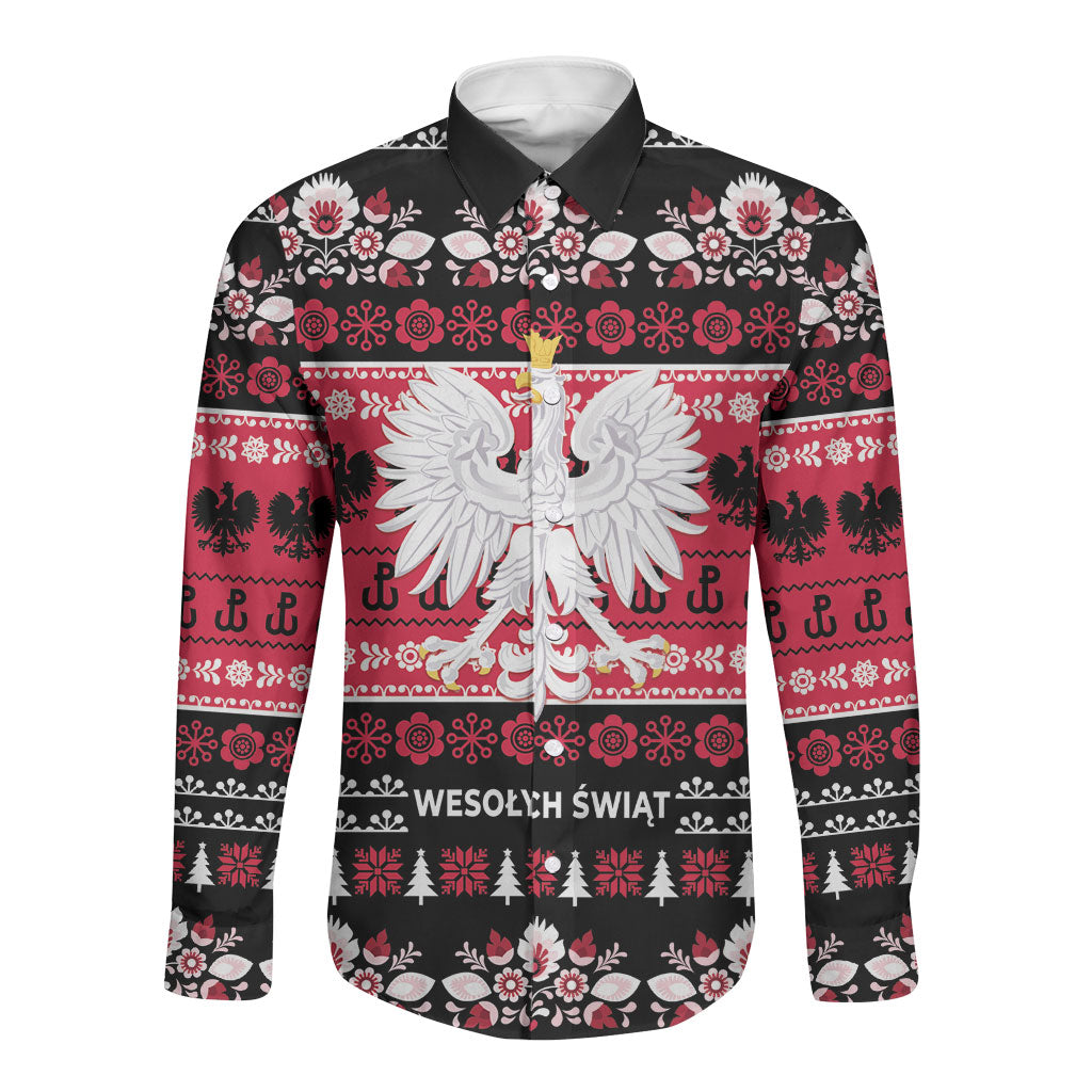 Polska Wesolych Swiat Long Sleeve Button Shirt Lachy Sadeckie Pattern Black Version