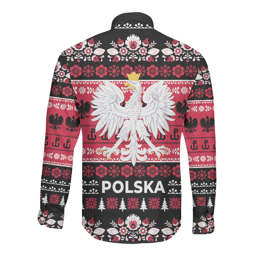 Polska Wesolych Swiat Long Sleeve Button Shirt Lachy Sadeckie Pattern Black Version