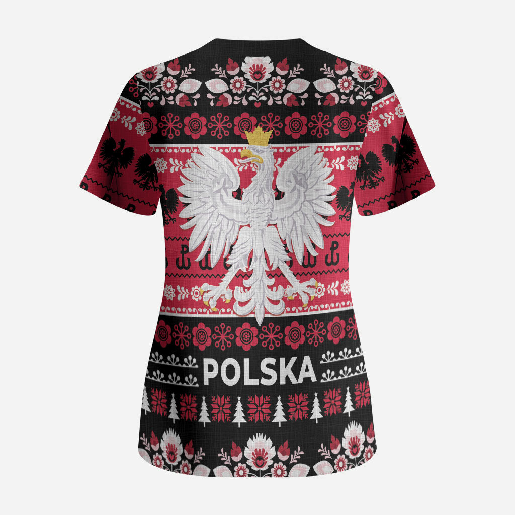 Polska Wesolych Swiat Scrub Top Lachy Sadeckie Pattern Black Version