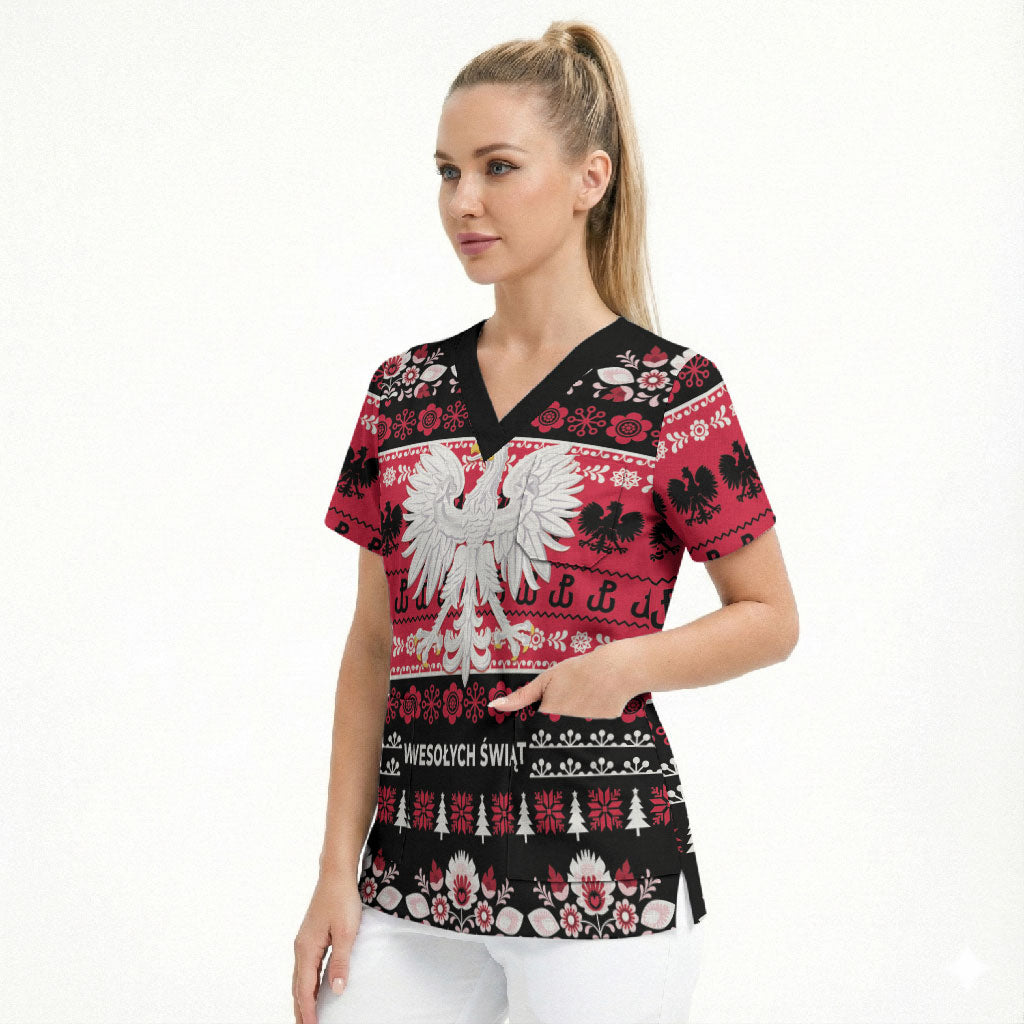 Polska Wesolych Swiat Scrub Top Lachy Sadeckie Pattern Black Version