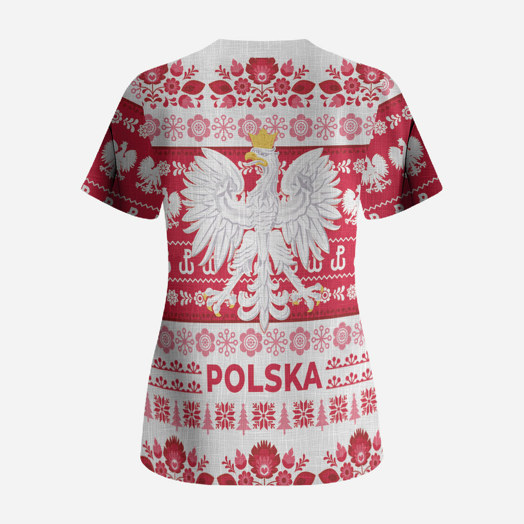 Polska Wesolych Swiat Scrub Top Lachy Sadeckie Pattern White Version