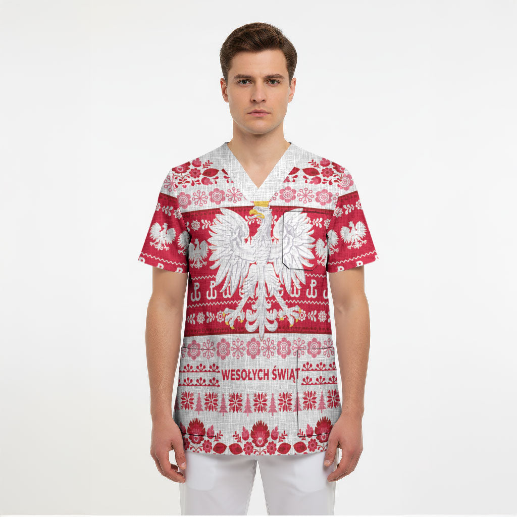 Polska Wesolych Swiat Scrub Top Lachy Sadeckie Pattern White Version