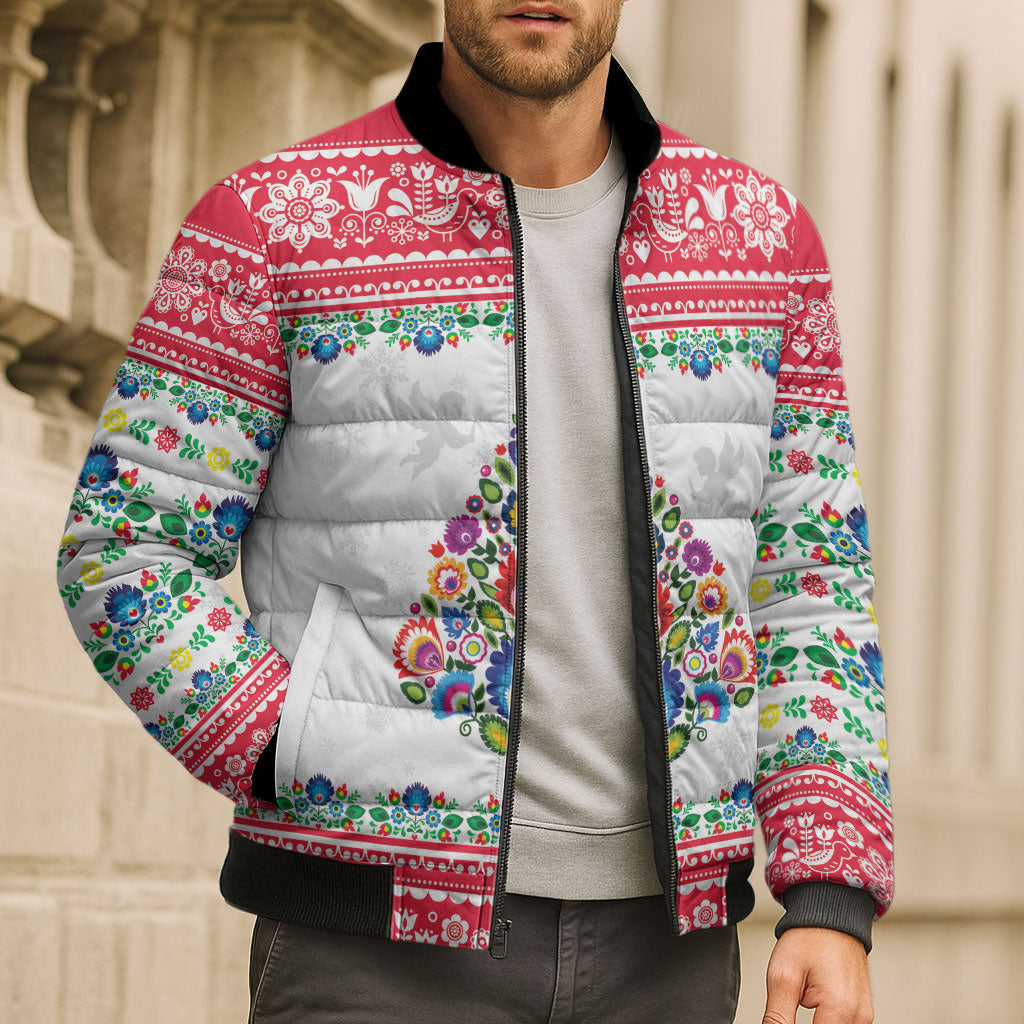 Poland Christmas Bomber Puffer Jacket Polish Folk Art Christmas Tree