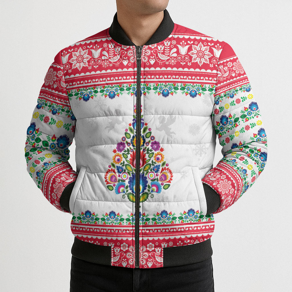 Poland Christmas Bomber Puffer Jacket Polish Folk Art Christmas Tree