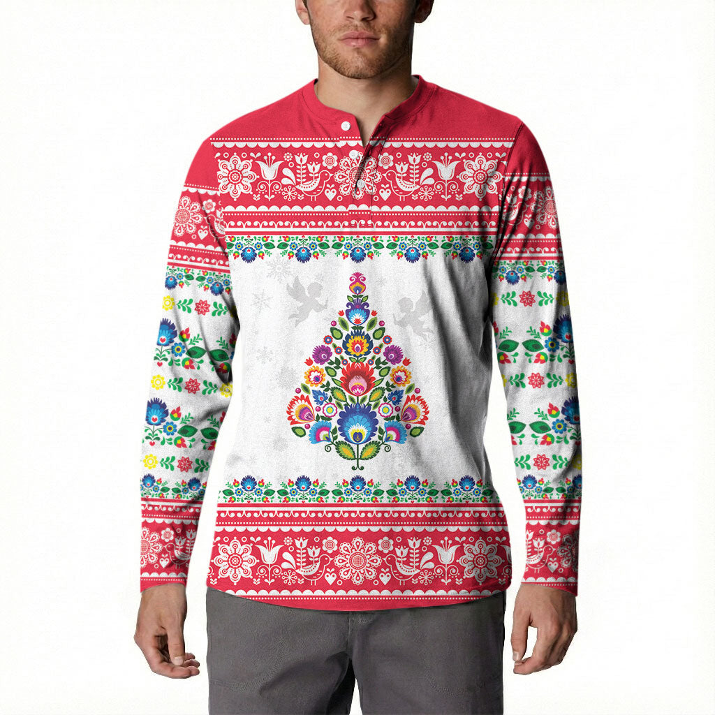 Poland Christmas Button Sweatshirt Polish Folk Art Christmas Tree