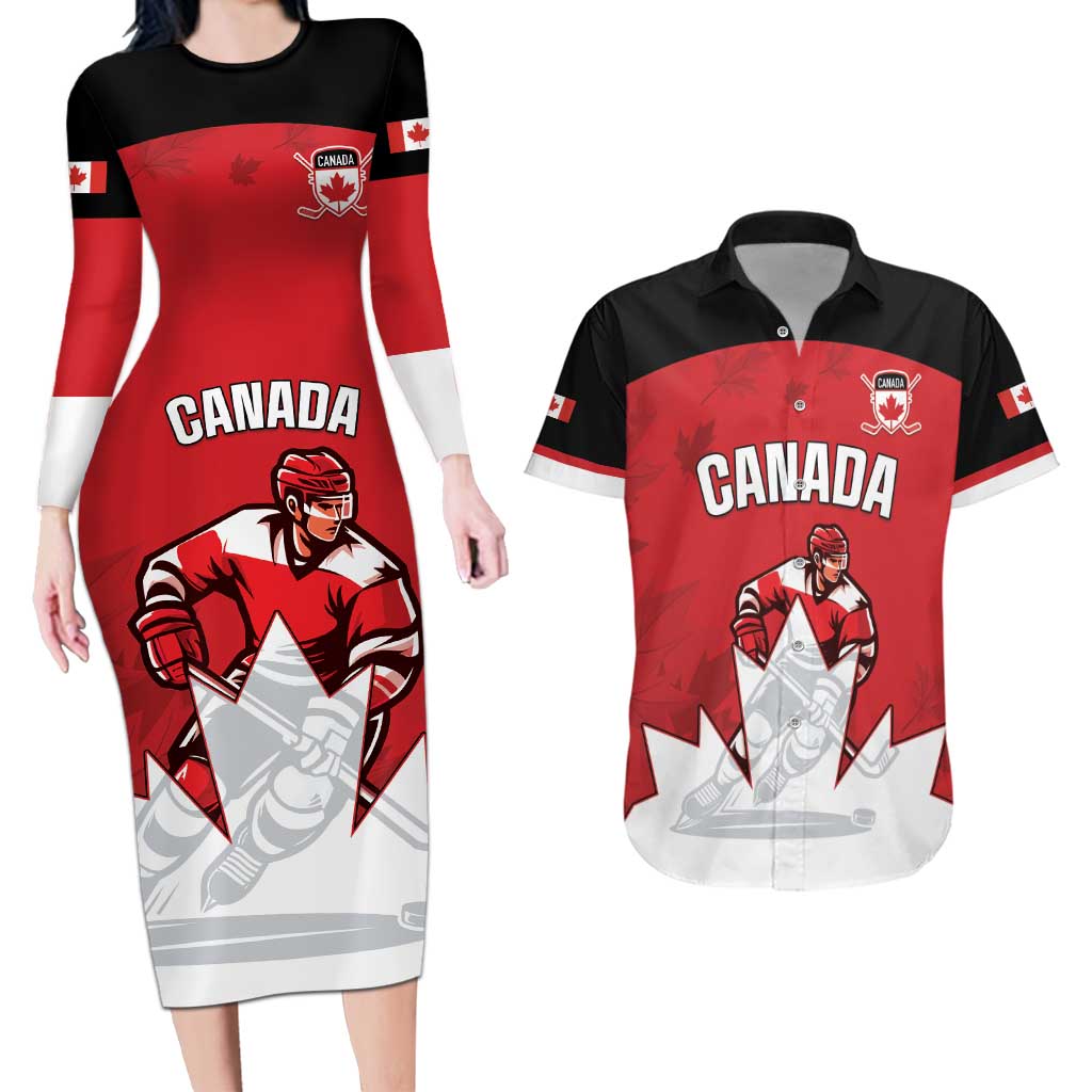 Custom Canada Hockey Couples Matching Long Sleeve Bodycon Dress and Hawaiian Shirt Maple Leaves Sporty Style