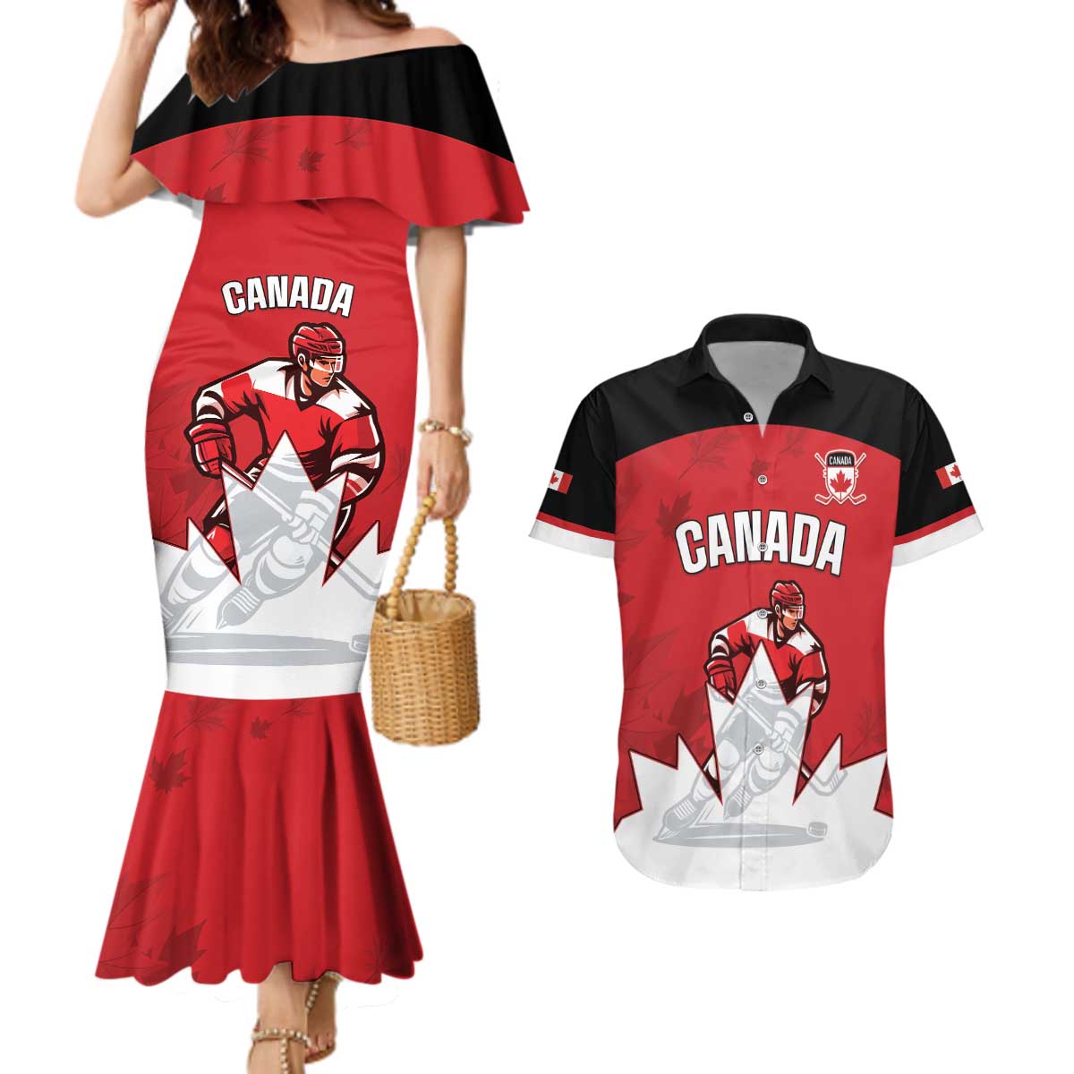 Custom Canada Hockey Couples Matching Mermaid Dress and Hawaiian Shirt Maple Leaves Sporty Style