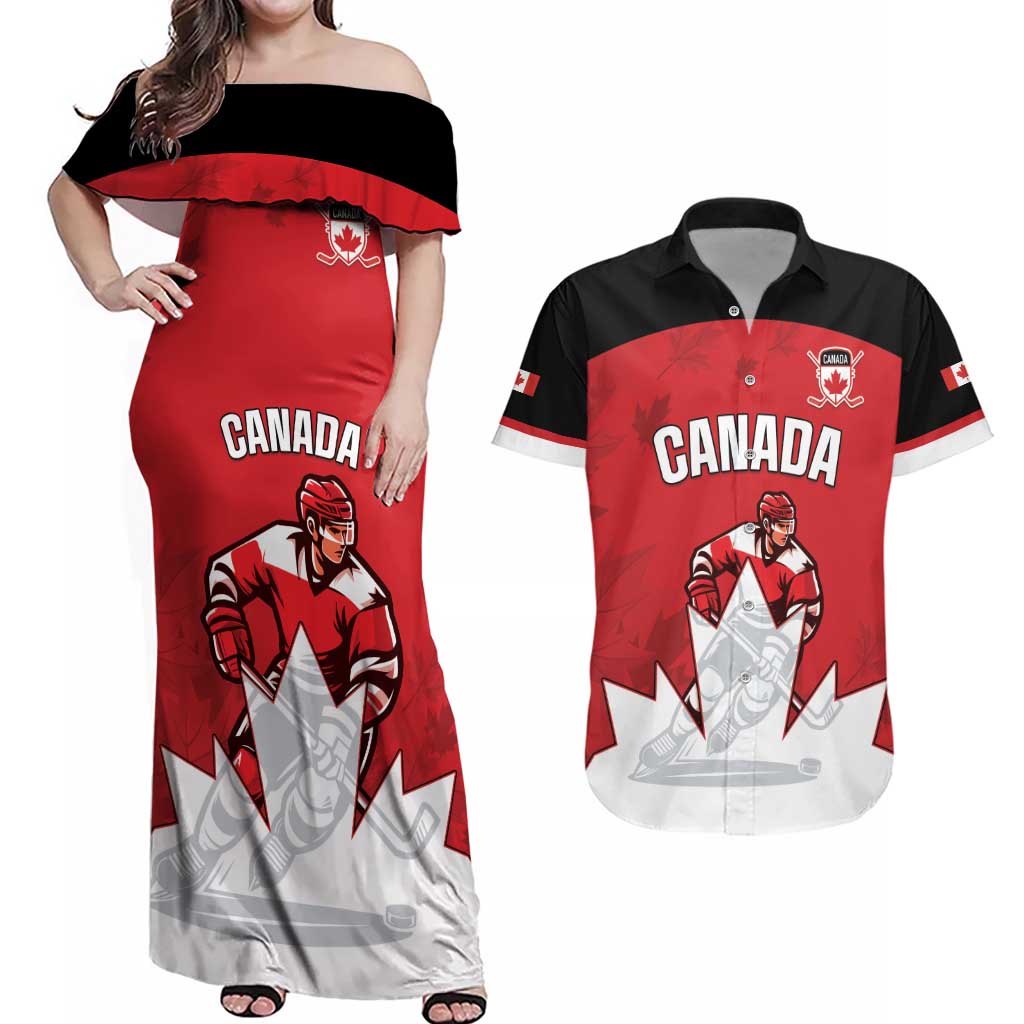 Custom Canada Hockey Couples Matching Off Shoulder Maxi Dress and Hawaiian Shirt Maple Leaves Sporty Style