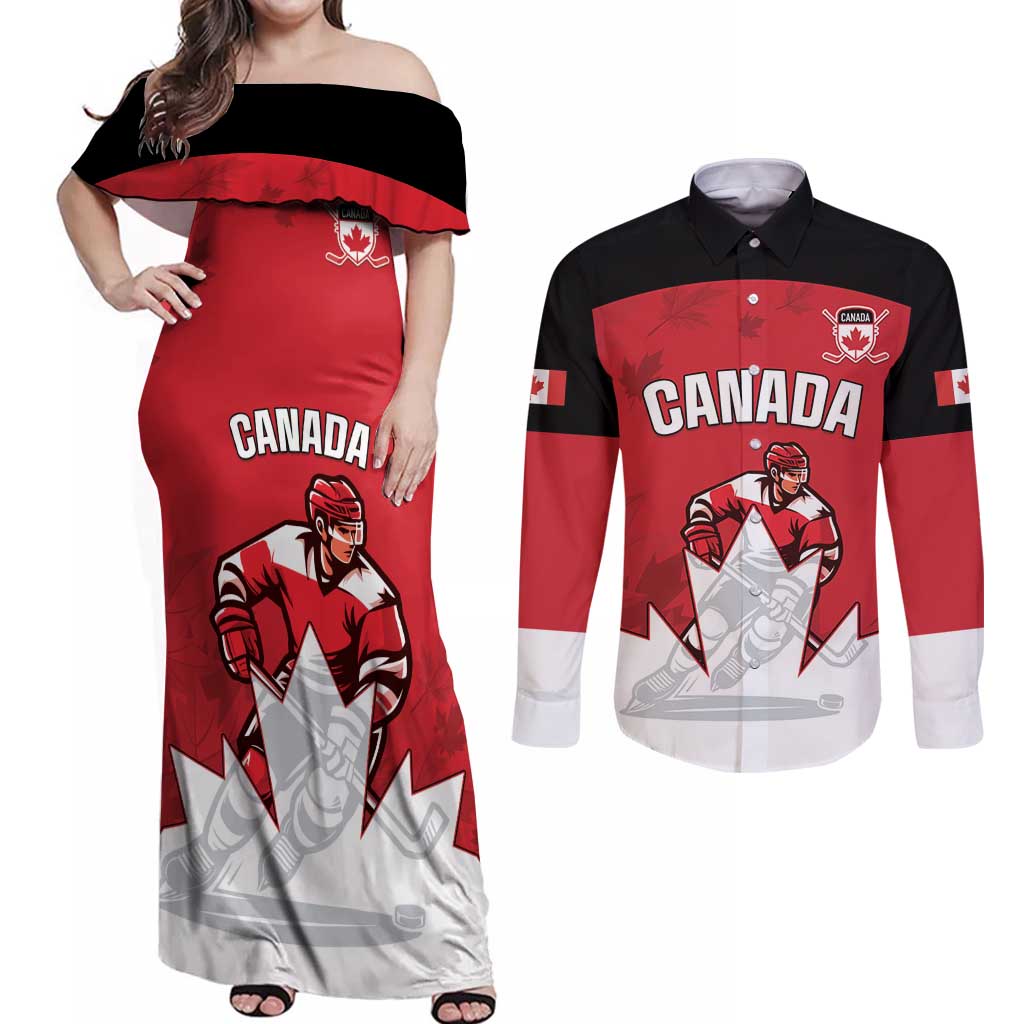 Custom Canada Hockey Couples Matching Off Shoulder Maxi Dress and Long Sleeve Button Shirt Maple Leaves Sporty Style