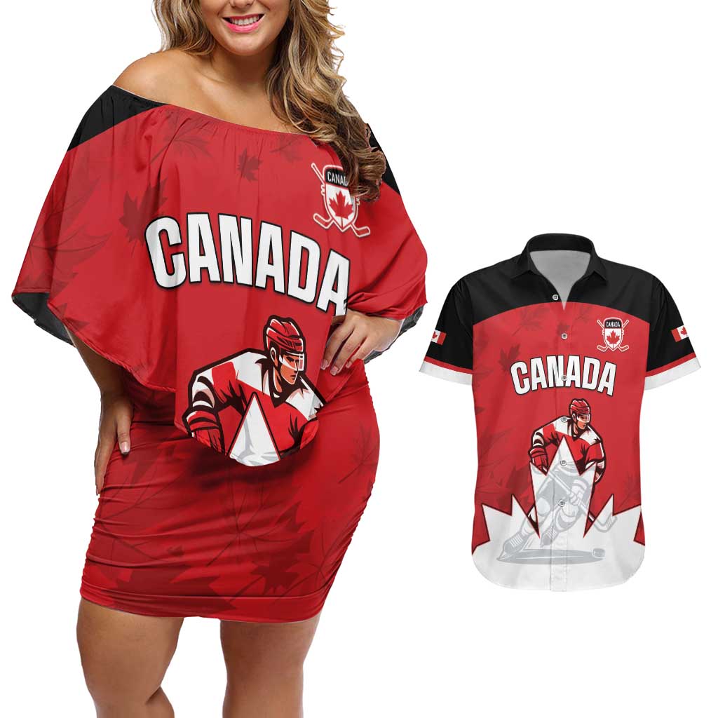 Custom Canada Hockey Couples Matching Off Shoulder Short Dress and Hawaiian Shirt Maple Leaves Sporty Style