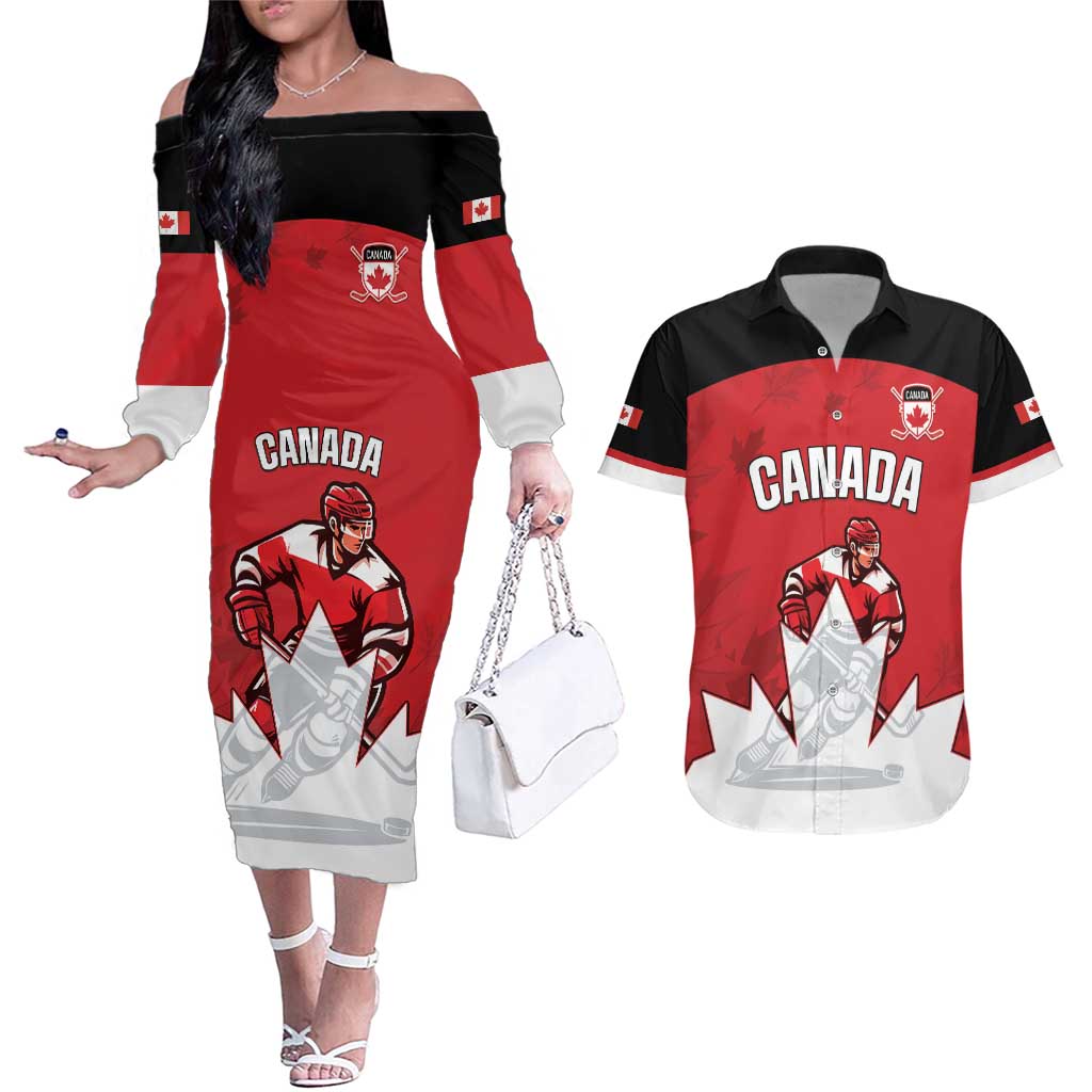 Custom Canada Hockey Couples Matching Off The Shoulder Long Sleeve Dress and Hawaiian Shirt Maple Leaves Sporty Style