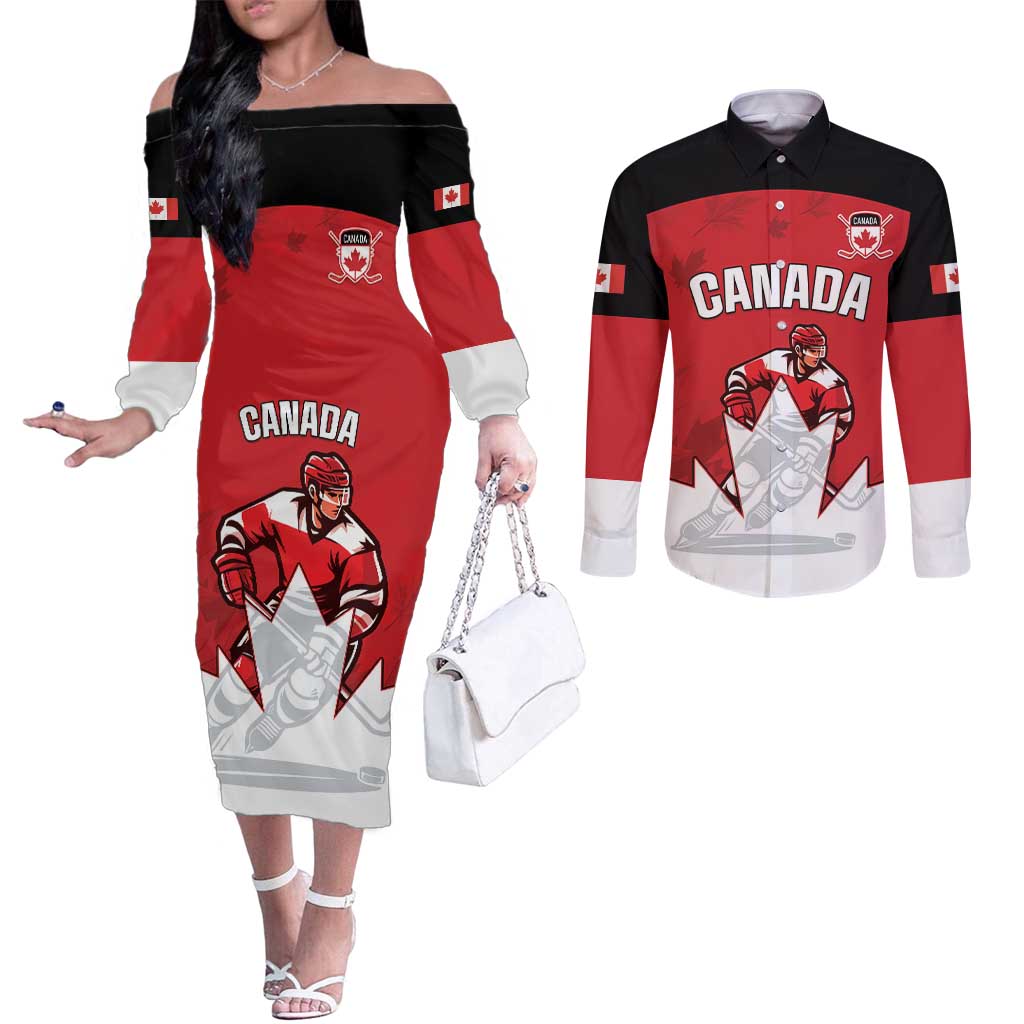 Custom Canada Hockey Couples Matching Off The Shoulder Long Sleeve Dress and Long Sleeve Button Shirt Maple Leaves Sporty Style