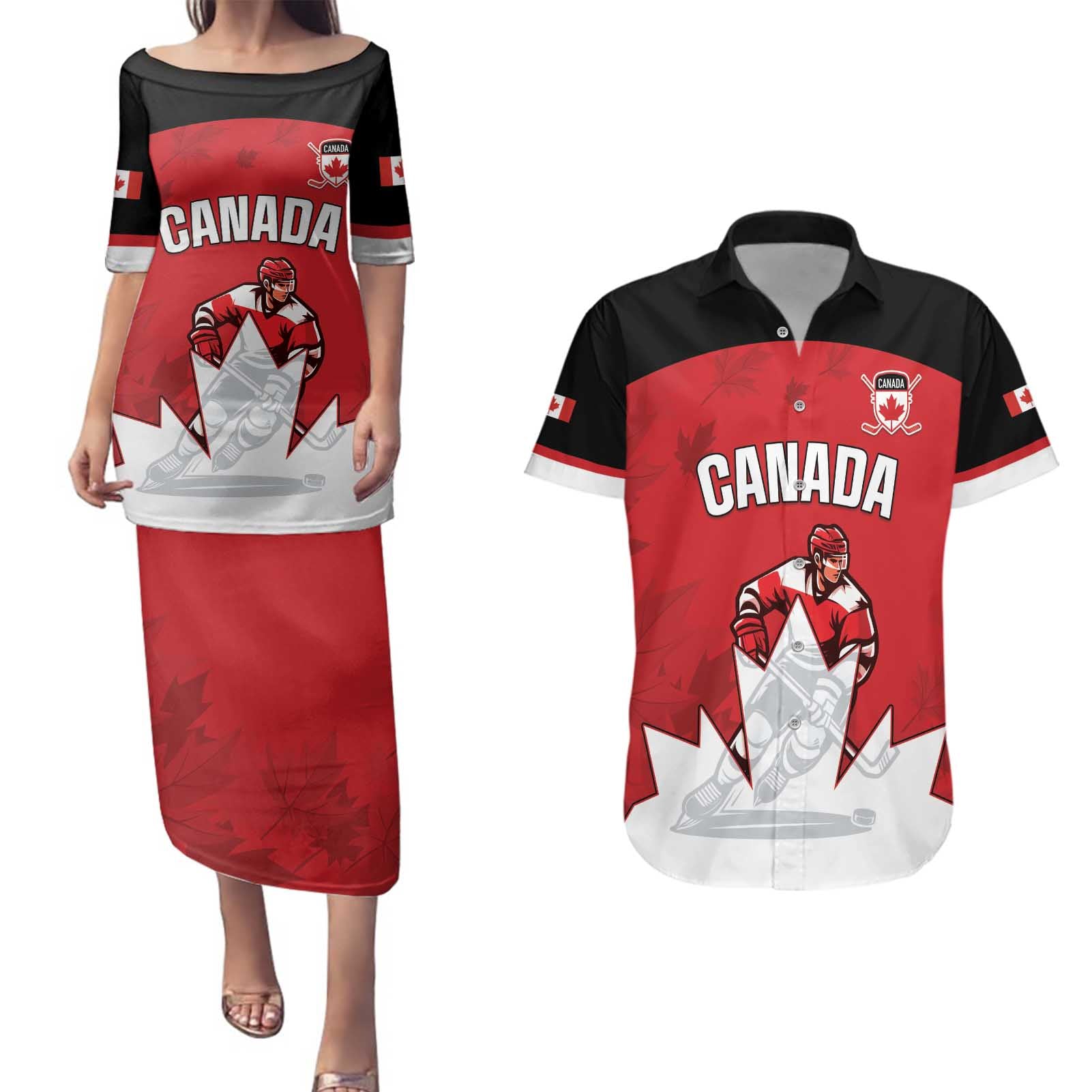 Custom Canada Hockey Couples Matching Puletasi and Hawaiian Shirt Maple Leaves Sporty Style