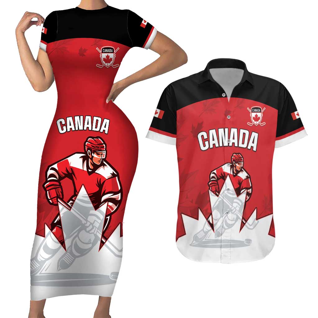 Custom Canada Hockey Couples Matching Short Sleeve Bodycon Dress and Hawaiian Shirt Maple Leaves Sporty Style